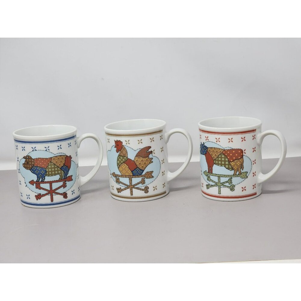 Set Of 3 Country Chicken & Cow Weathervane Mugs Patchwork‎ Design Ceramic